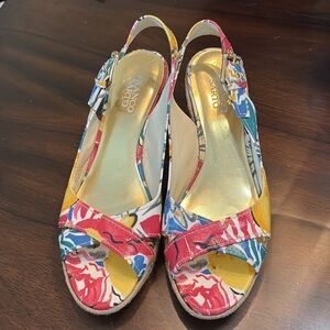 Franco Sarto Faux Floral Leather Espadrille Wedge Sandals
